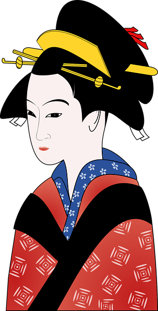 An image of the head and body of a pale Japanese man with black hair and yellow hair adornments, in traditional patterned red and blue kimono