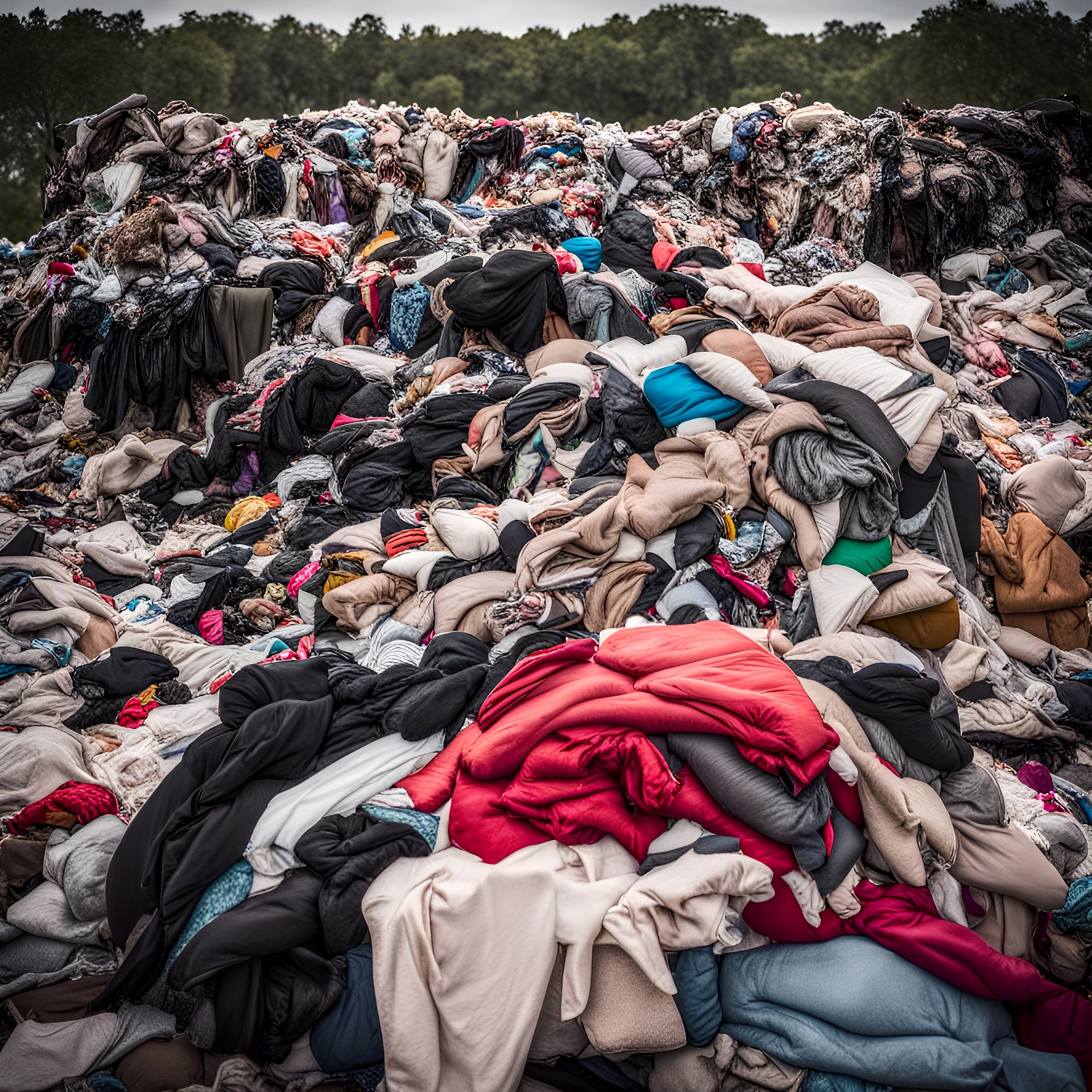 An image of discarded clothes all in different colours, in a huge landfill pile outside