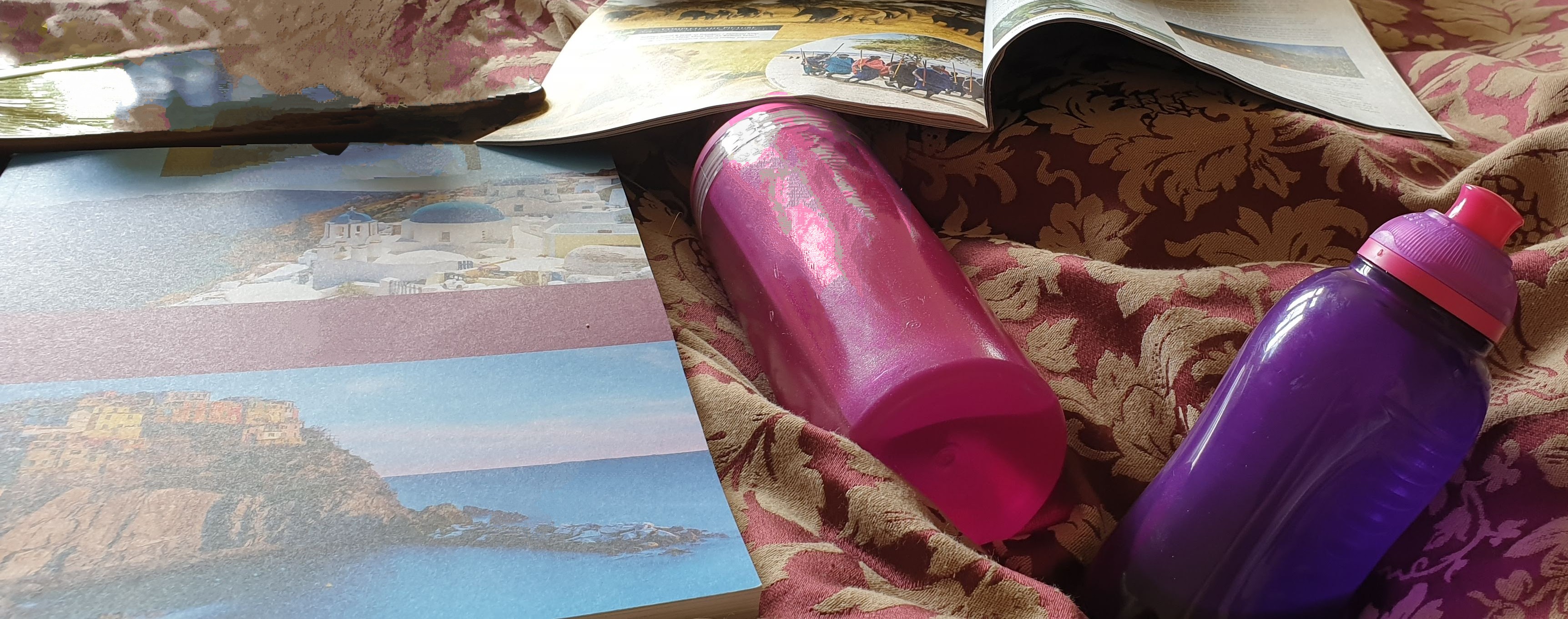 two reusable water bottles next to travel magazines